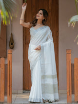 Pure White & Olive Green Handloom Mul Cotton Saree with Minimal Striped Border & Tassel Detailing