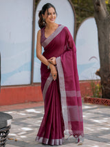 Elegant Wine Purple Pure Handloom Mul Cotton Saree with Silver Border & Tassel Detailing