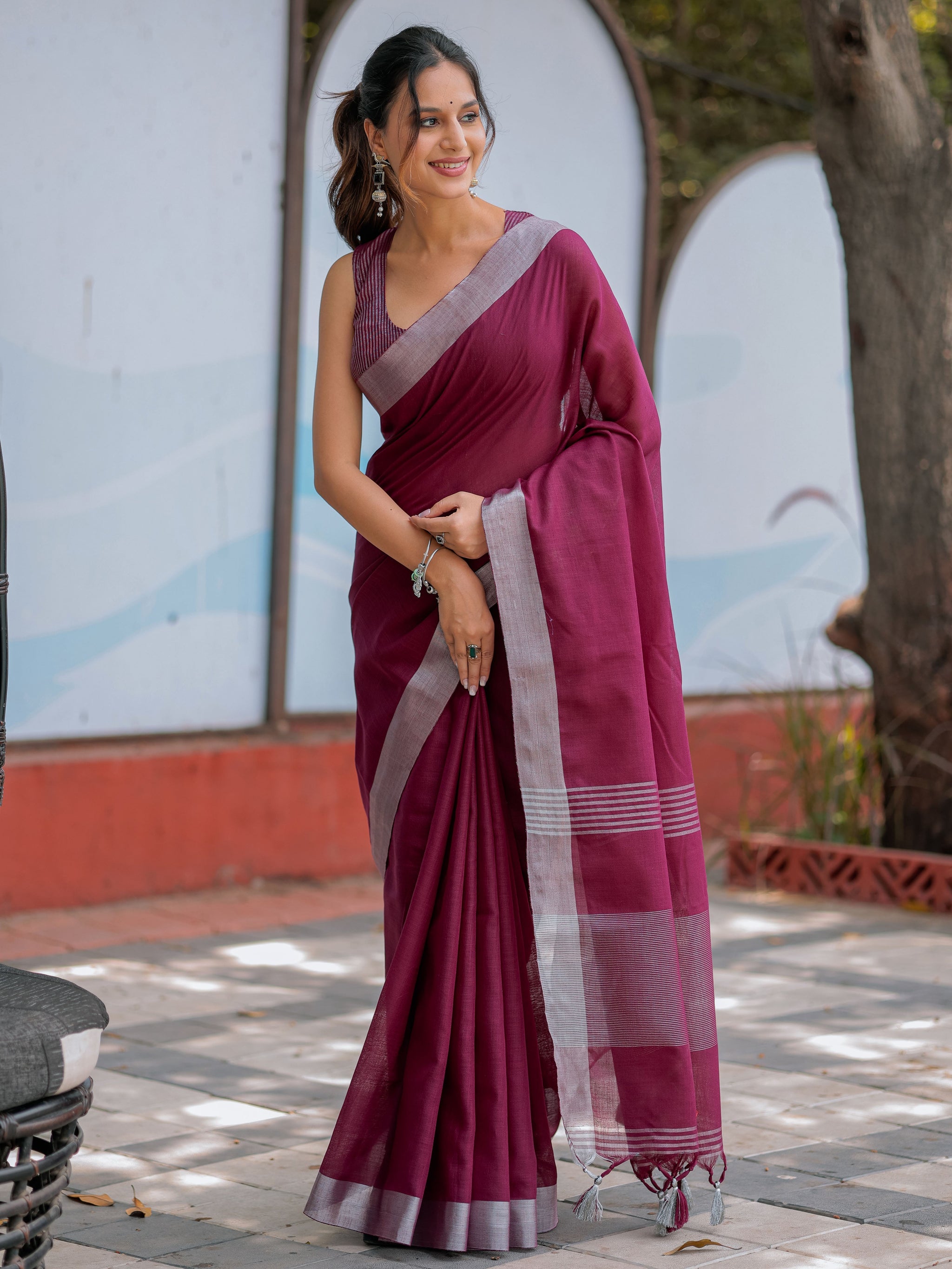 Elegant Wine Purple Pure Handloom Mul Cotton Saree with Silver Border & Tassel Detailing