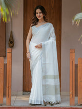 Pure White & Olive Green Handloom Mul Cotton Saree with Minimal Striped Border & Tassel Detailing