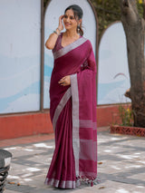 Elegant Wine Purple Pure Handloom Mul Cotton Saree with Silver Border & Tassel Detailing