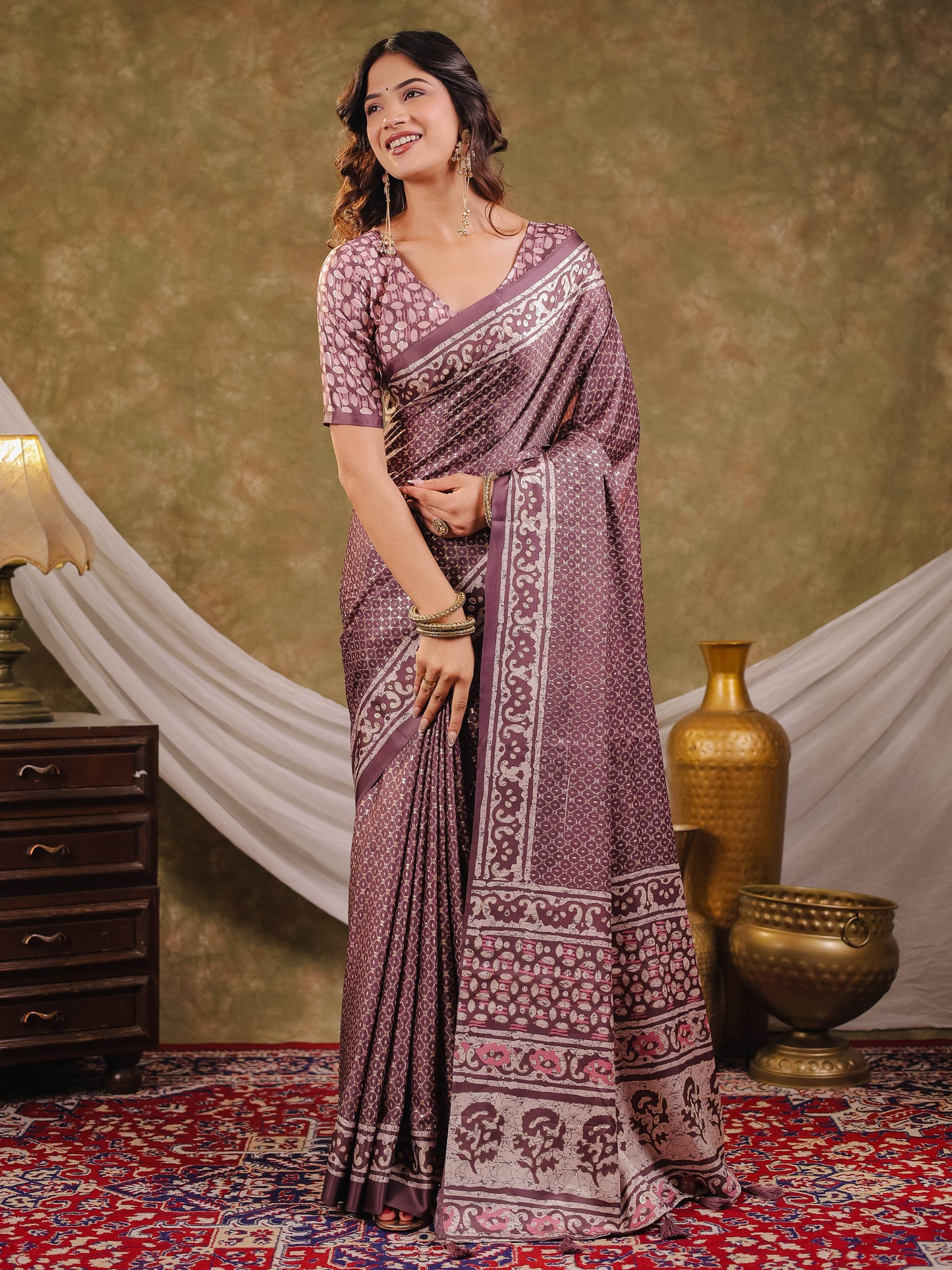 Dusty Mauve Pure Chinnon Ajrakh Printed Saree with Tassel Edges, Traditional Ethnic Print & Matching Blouse Piece