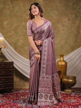 Dusty Mauve Pure Chinnon Ajrakh Printed Saree with Tassel Edges, Traditional Ethnic Print & Matching Blouse Piece