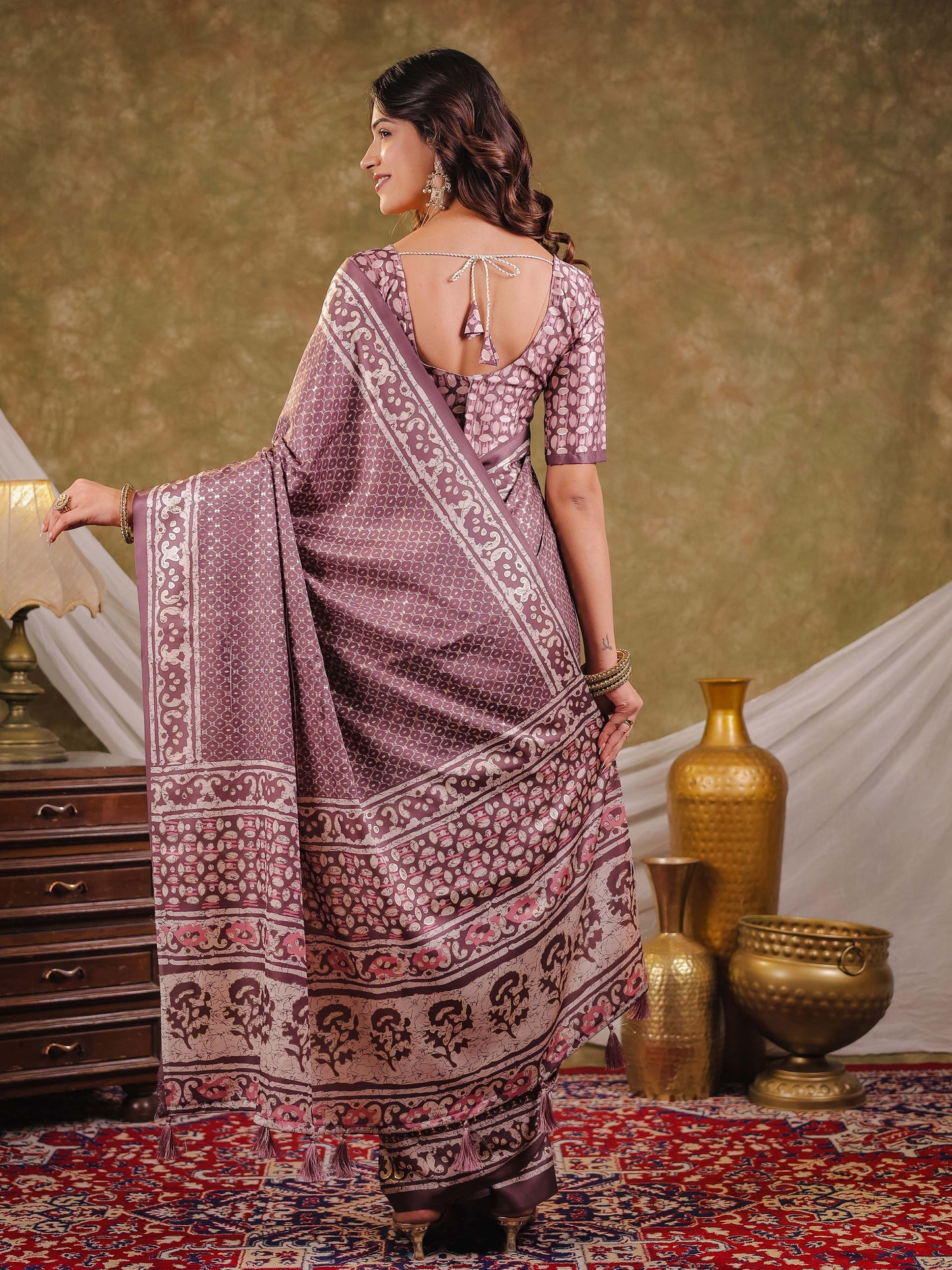 Dusty Mauve Pure Chinnon Ajrakh Printed Saree with Tassel Edges, Traditional Ethnic Print & Matching Blouse Piece