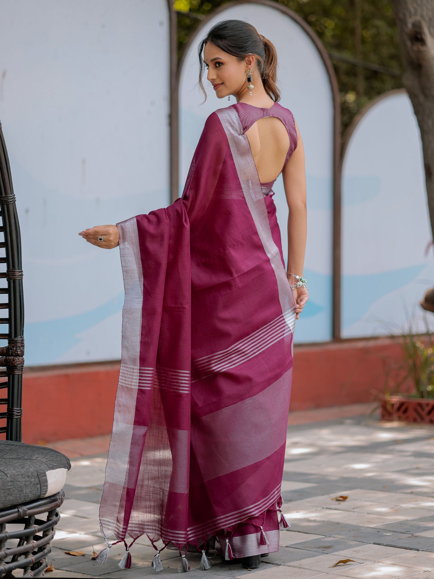 Elegant Wine Purple Pure Handloom Mul Cotton Saree with Silver Border & Tassel Detailing
