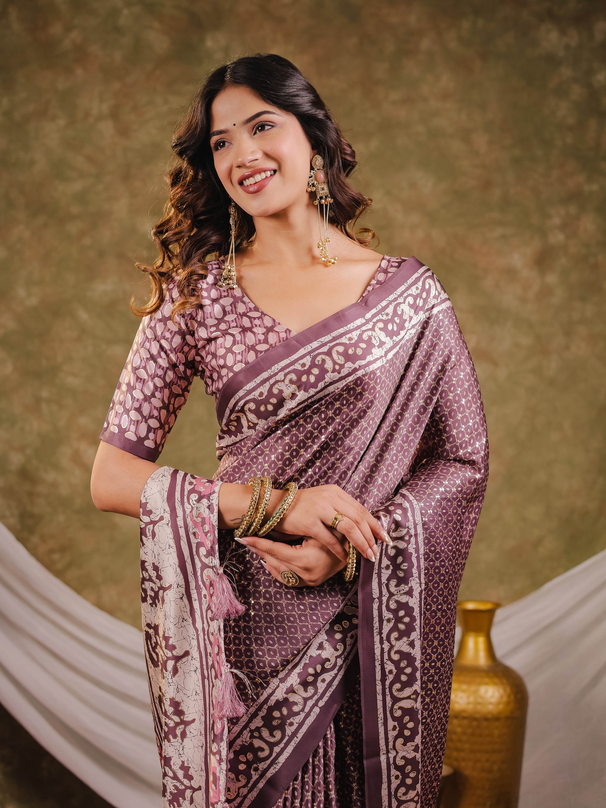 Dusty Mauve Pure Chinnon Ajrakh Printed Saree with Tassel Edges, Traditional Ethnic Print & Matching Blouse Piece