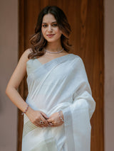 Pure White & Olive Green Handloom Mul Cotton Saree with Minimal Striped Border & Tassel Detailing