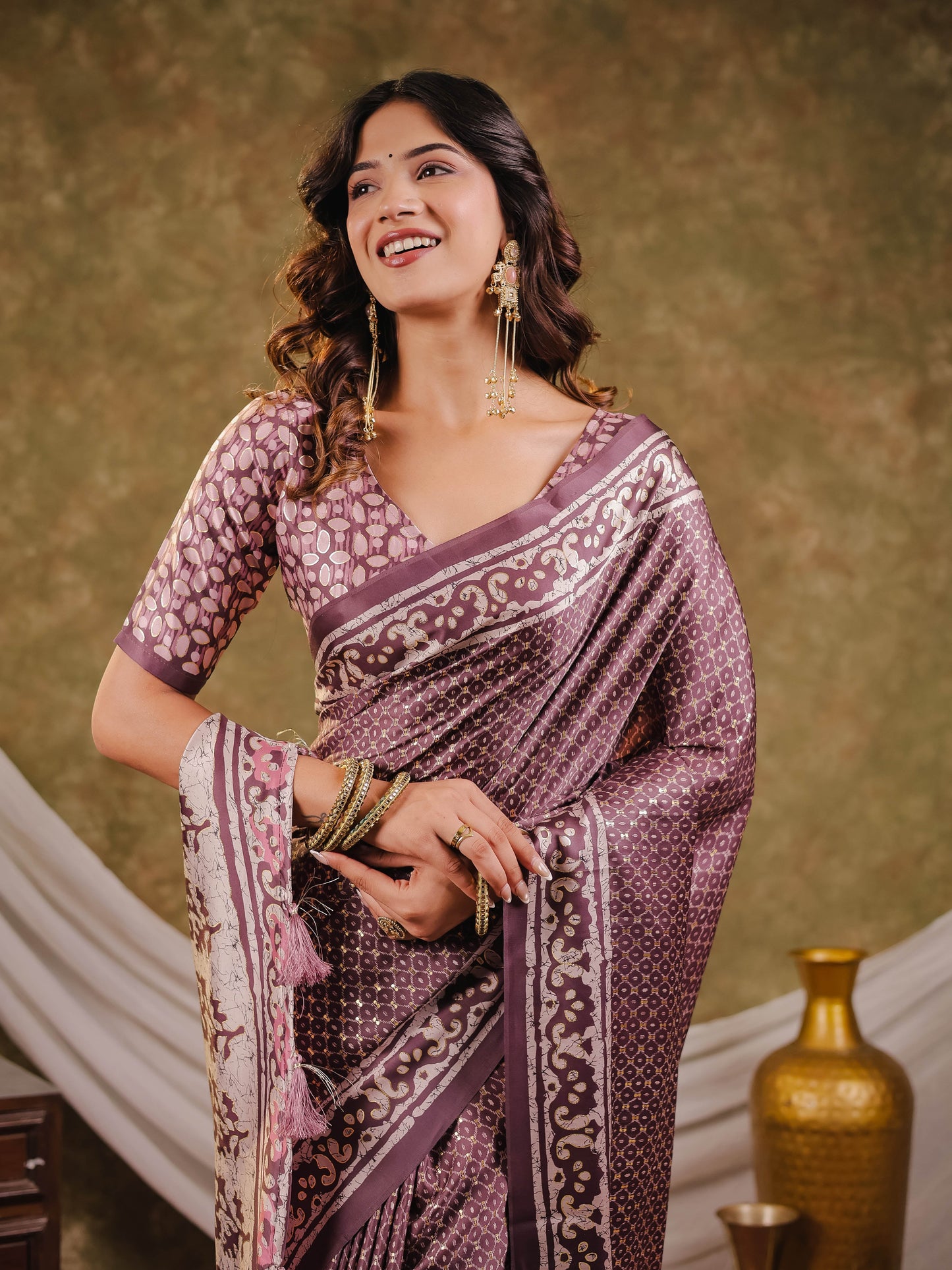 Dusty Mauve Pure Chinnon Ajrakh Printed Saree with Tassel Edges, Traditional Ethnic Print & Matching Blouse Piece