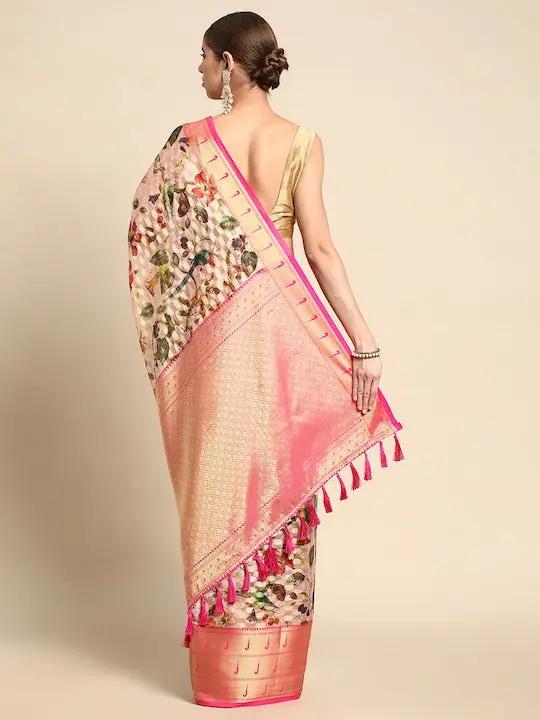 Pure Organza Pink Colour Floral Print Saree