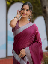 Elegant Wine Purple Pure Handloom Mul Cotton Saree with Silver Border & Tassel Detailing