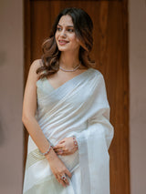 Pure White & Olive Green Handloom Mul Cotton Saree with Minimal Striped Border & Tassel Detailing