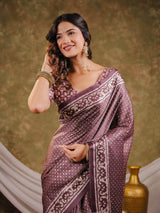 Dusty Mauve Pure Chinnon Ajrakh Printed Saree with Tassel Edges, Traditional Ethnic Print & Matching Blouse Piece