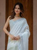 Pure White & Olive Green Handloom Mul Cotton Saree with Minimal Striped Border & Tassel Detailing