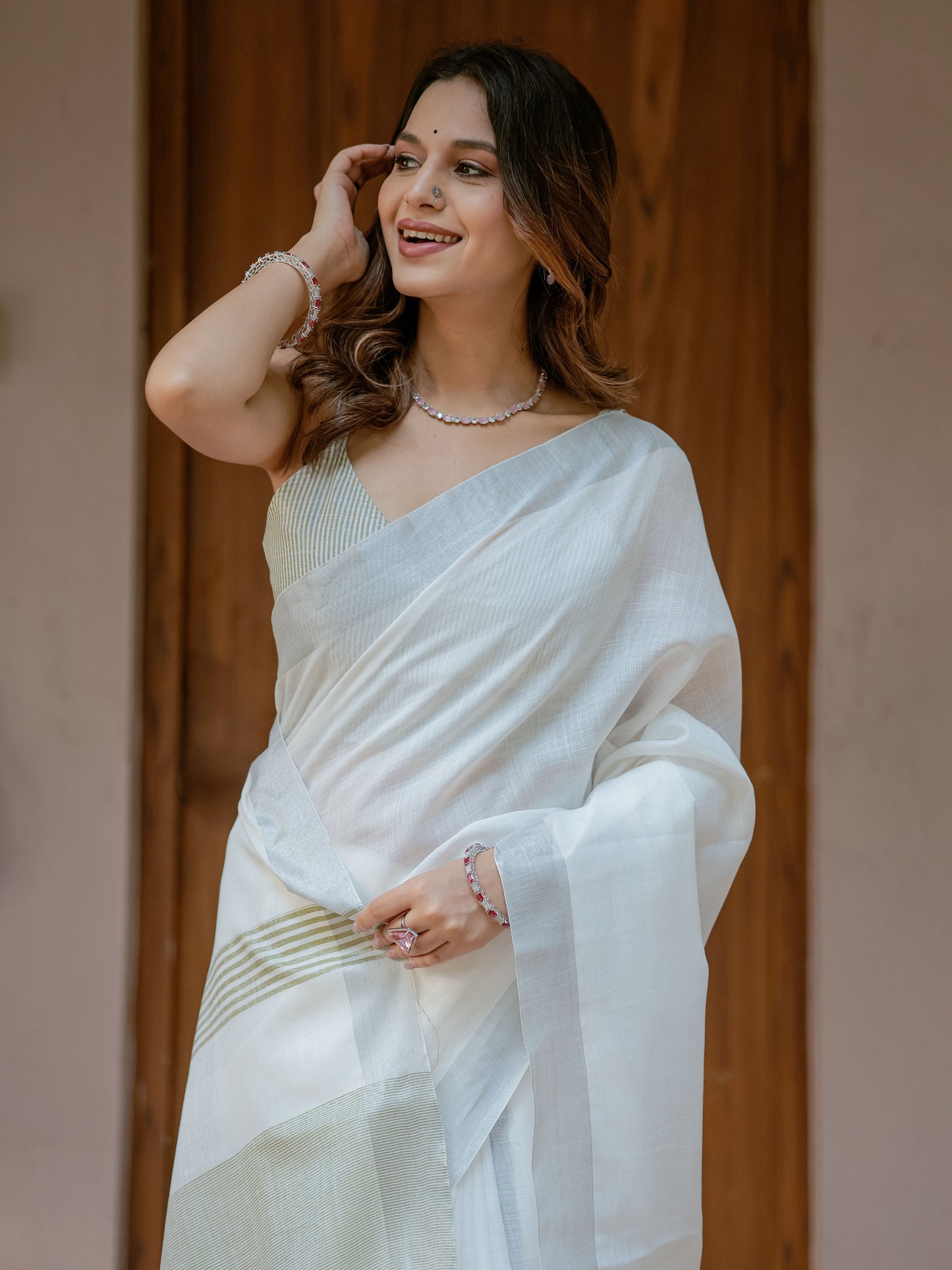 Pure White & Olive Green Handloom Mul Cotton Saree with Minimal Striped Border & Tassel Detailing