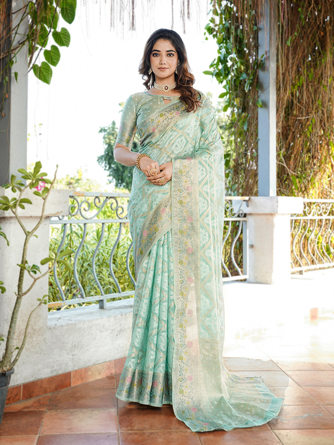 Sky Organza Zari Woven Patola Saree