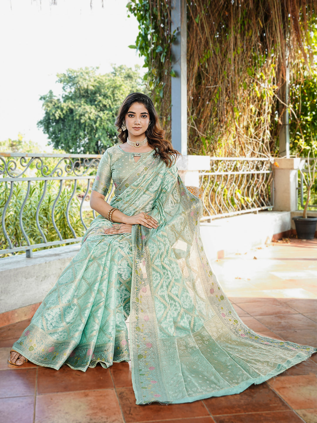 Sky Organza Zari Woven Patola Saree