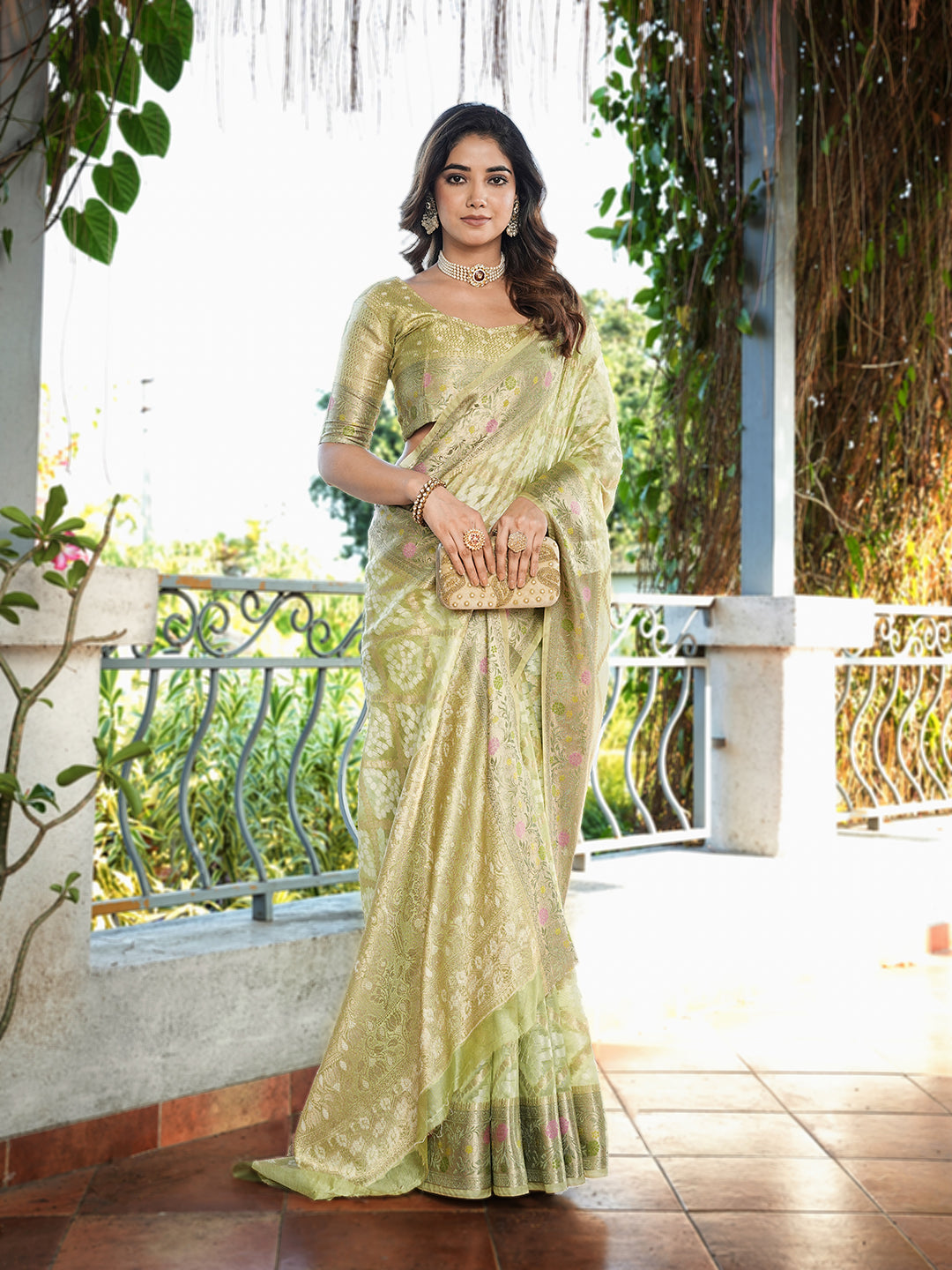 Pista Green Organza Zari Woven Patola Saree