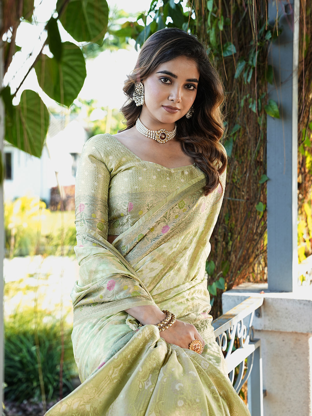 Pista Green Organza Zari Woven Patola Saree