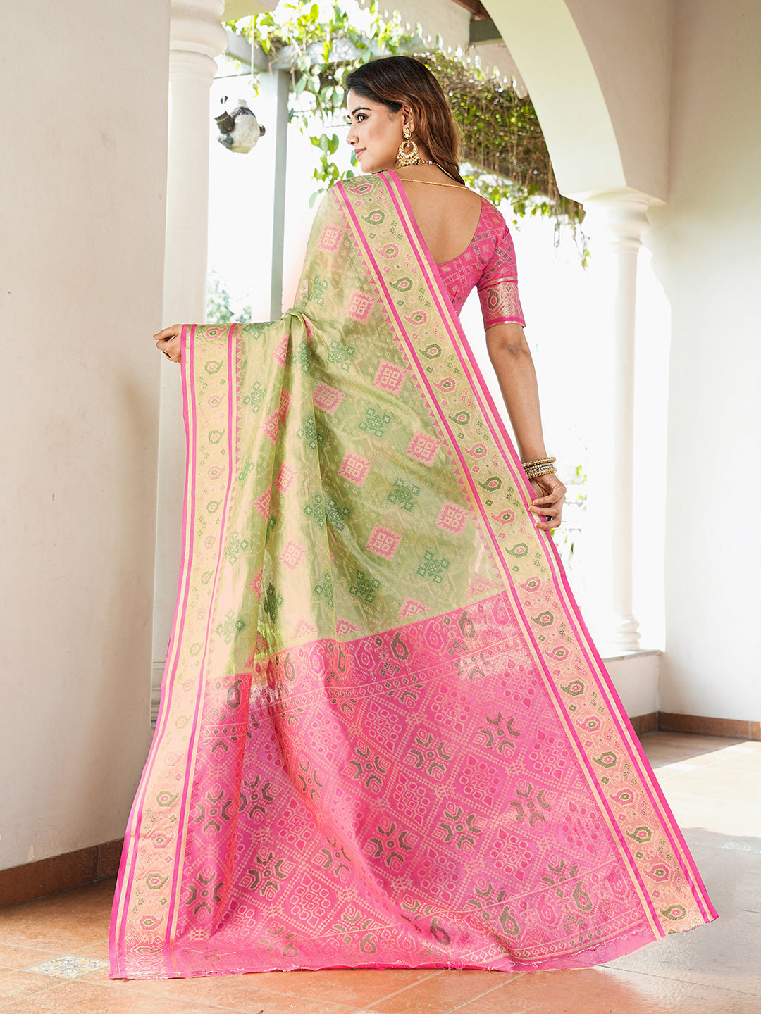 Pista Green Organza Zari Woven Patola Saree