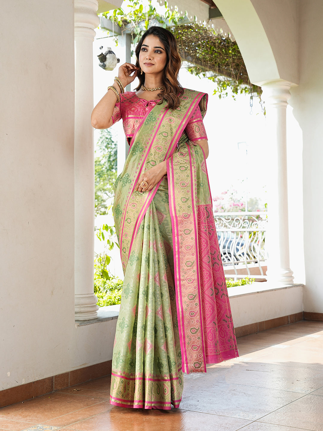 Pista Green Organza Zari Woven Patola Saree