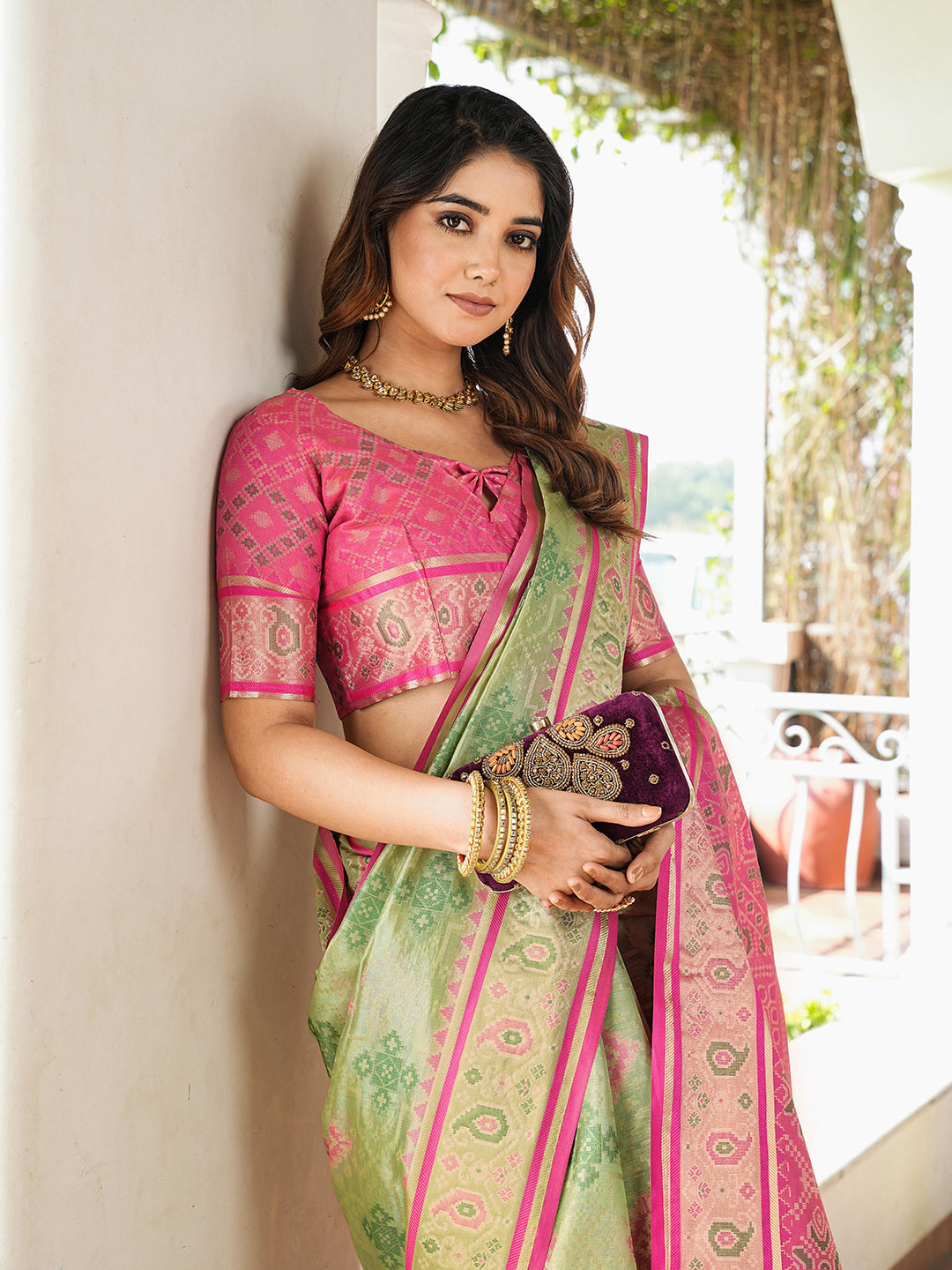 Pista Green Organza Zari Woven Patola Saree
