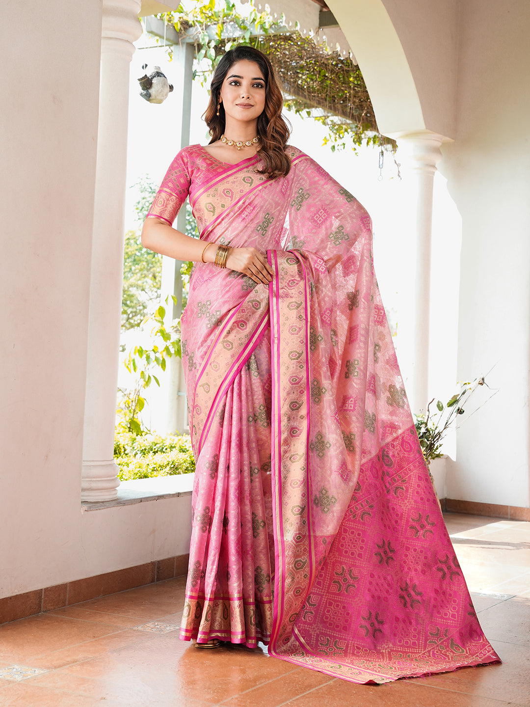 Pink Organza Zari Woven Patola Saree