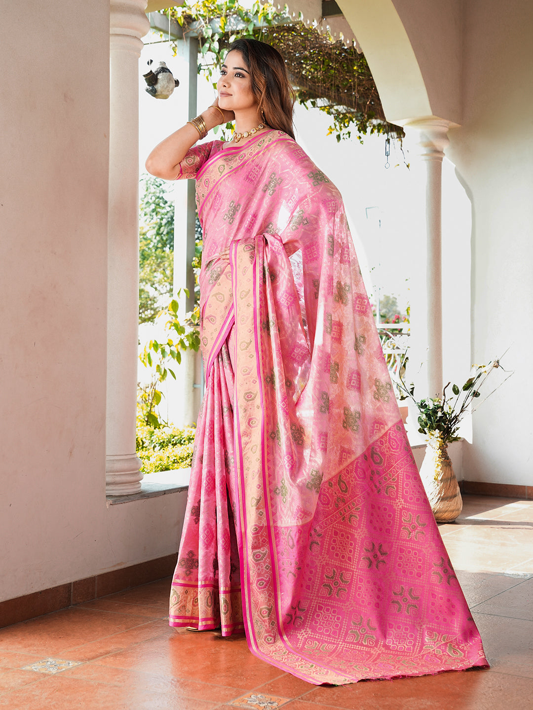 Pink Organza Zari Woven Patola Saree