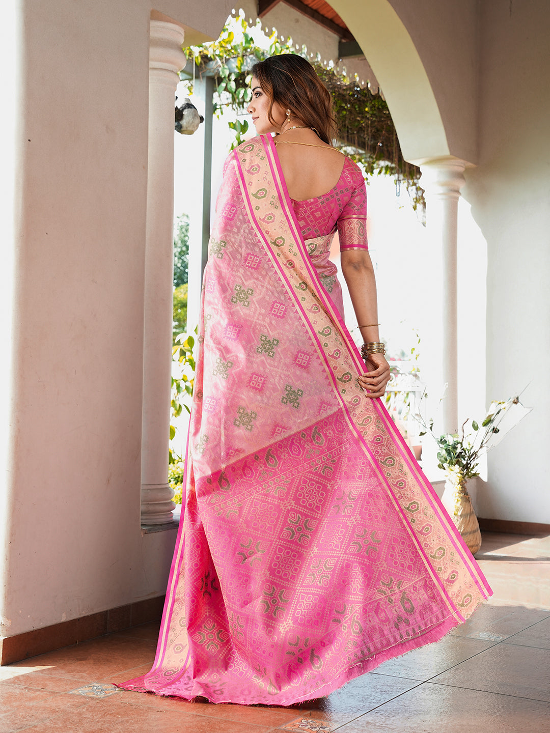 Pink Organza Zari Woven Patola Saree