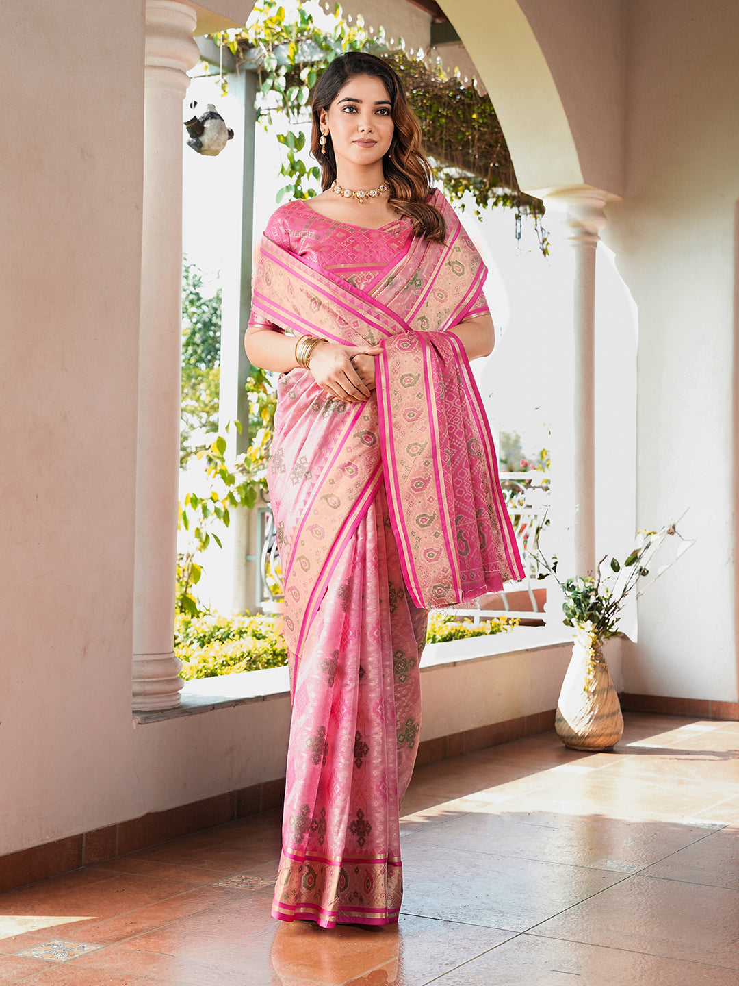 Pink Organza Zari Woven Patola Saree