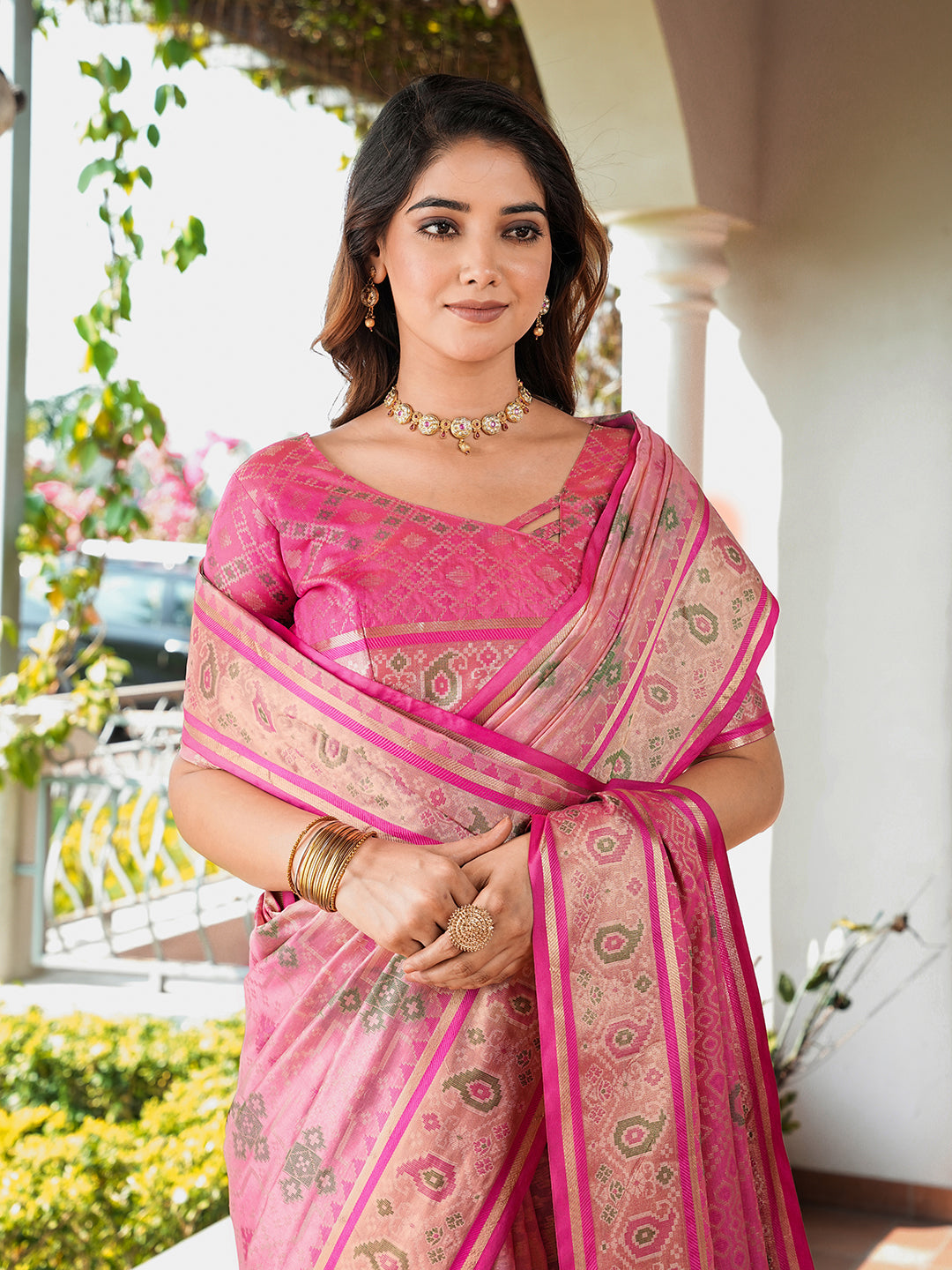 Pink Organza Zari Woven Patola Saree