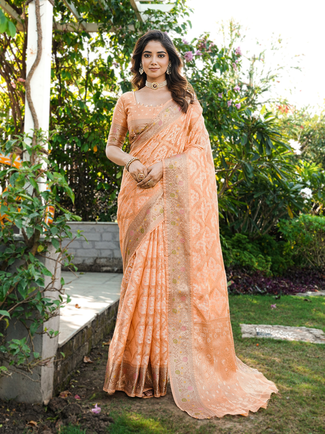 Peach Organza Zari Woven Patola Saree