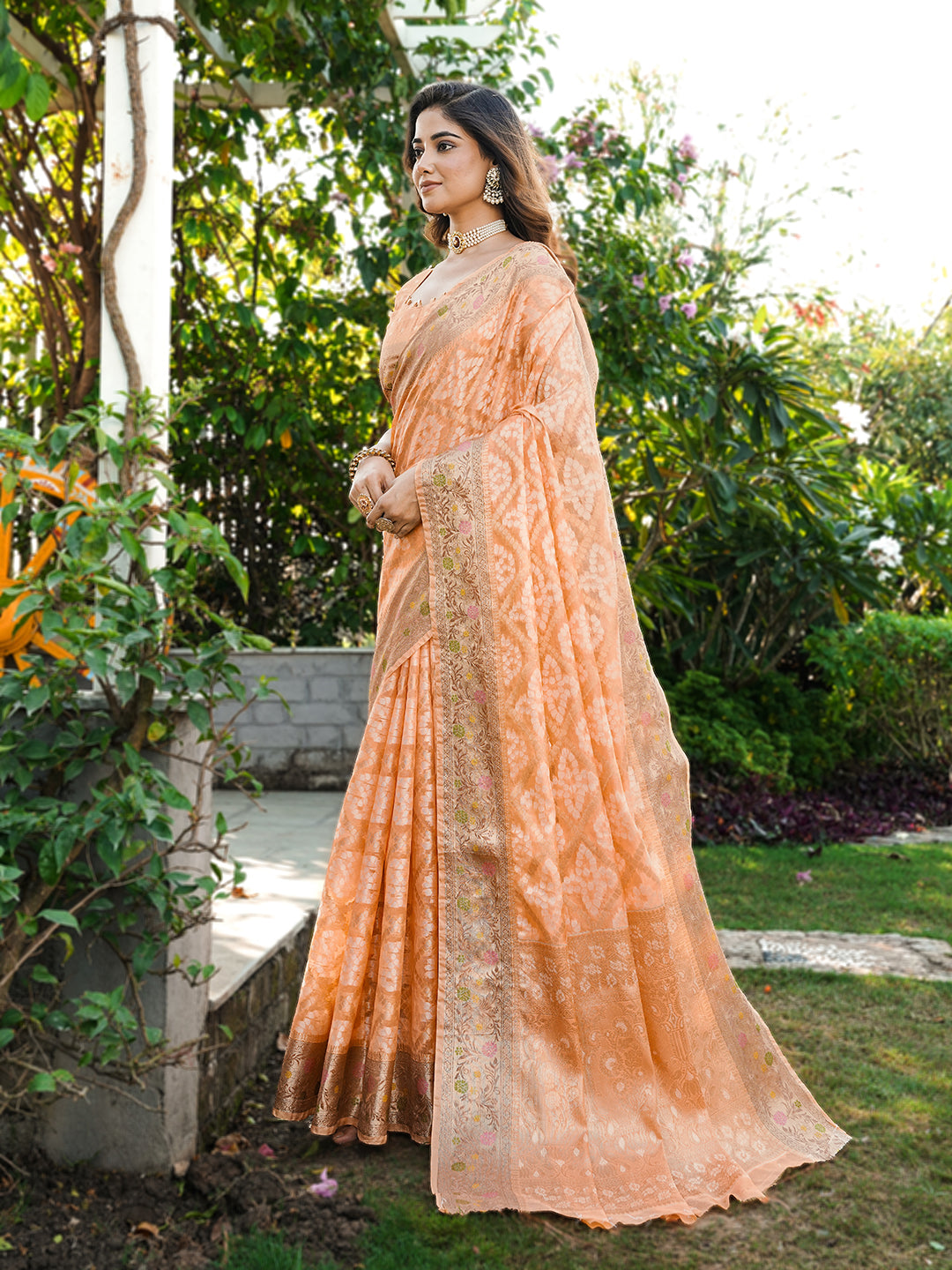 Peach Organza Zari Woven Patola Saree
