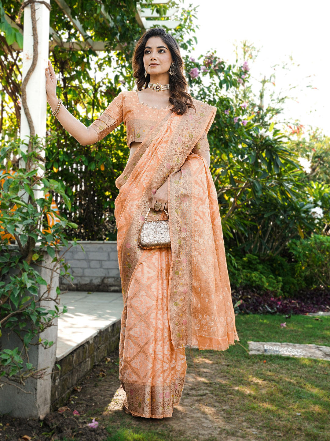 Peach Organza Zari Woven Patola Saree