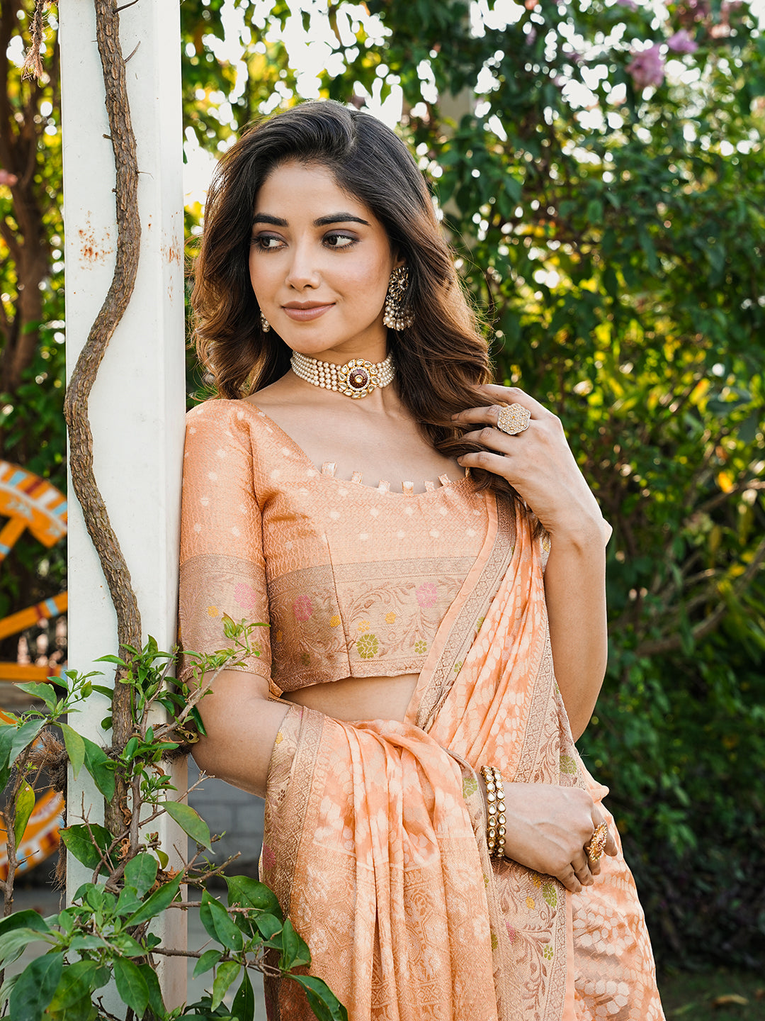 Peach Organza Zari Woven Patola Saree