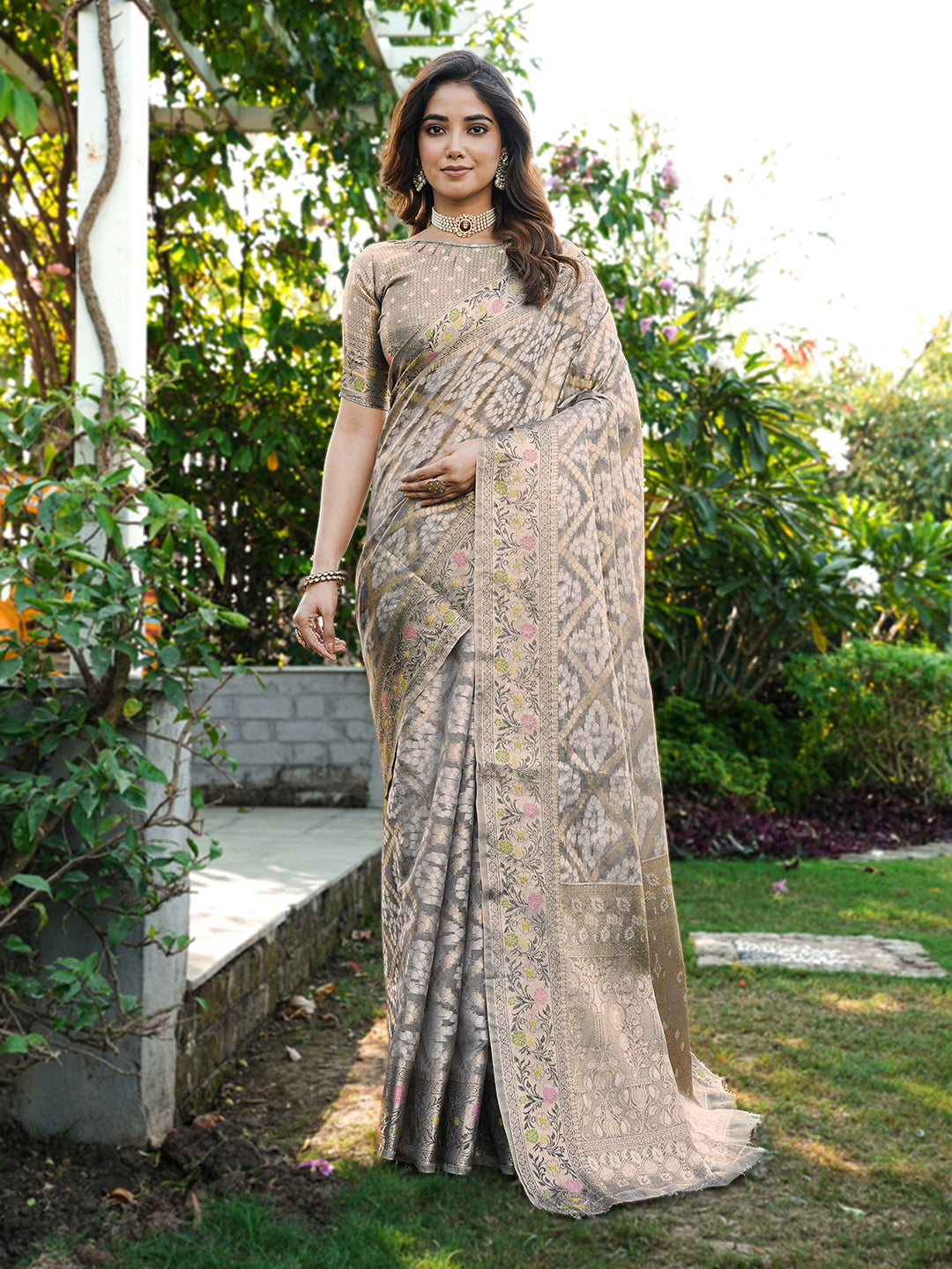 Grey organza zari woven patola saree