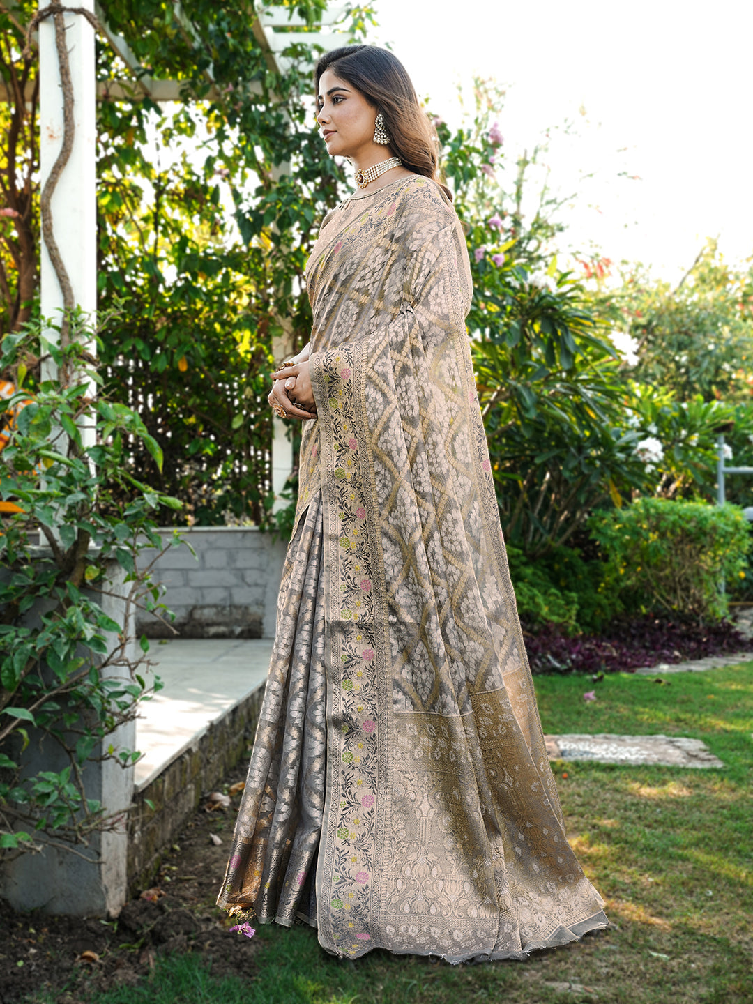 Grey organza zari woven patola saree