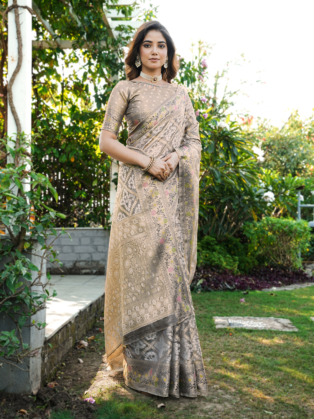 Grey organza zari woven patola saree