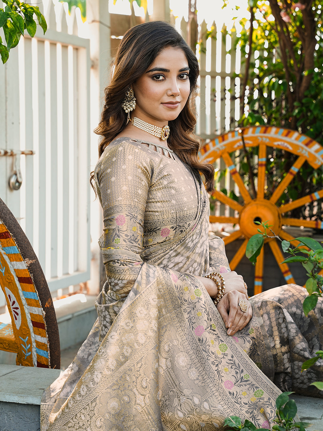 Grey organza zari woven patola saree