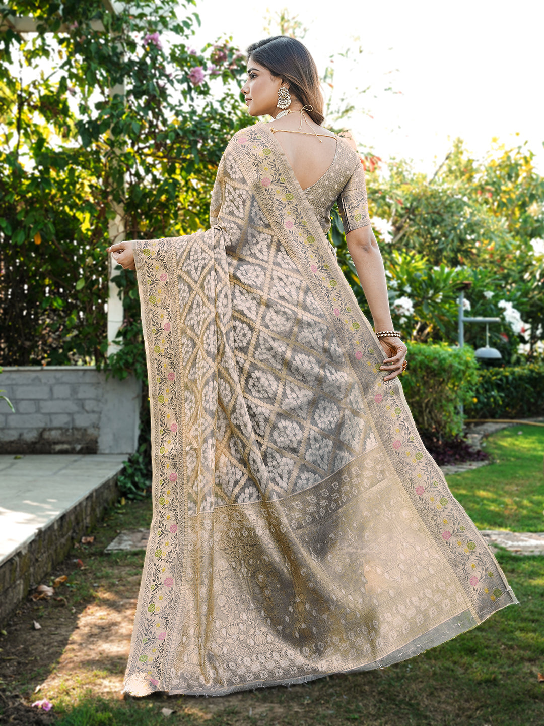 Grey organza zari woven patola saree