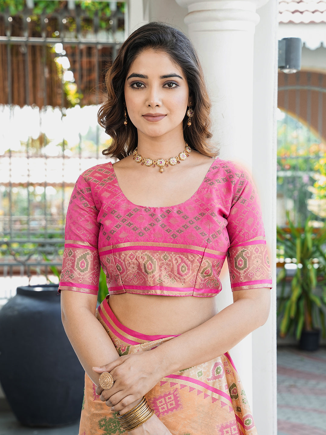 Peach Organza Zari Woven Patola Saree