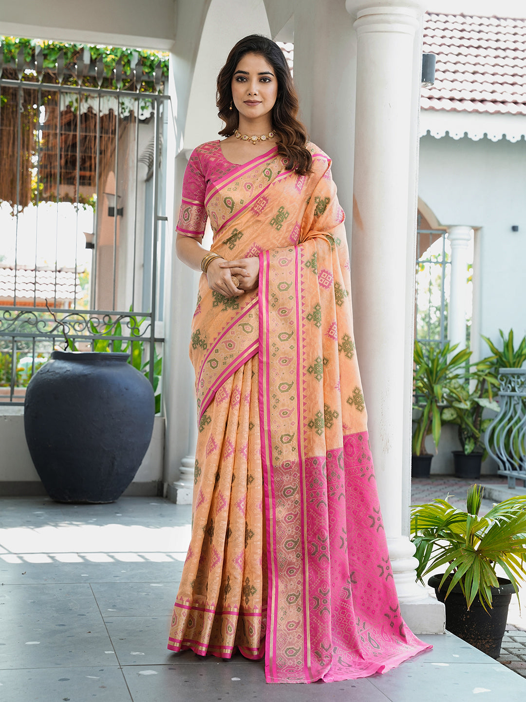 Peach Organza Zari Woven Patola Saree