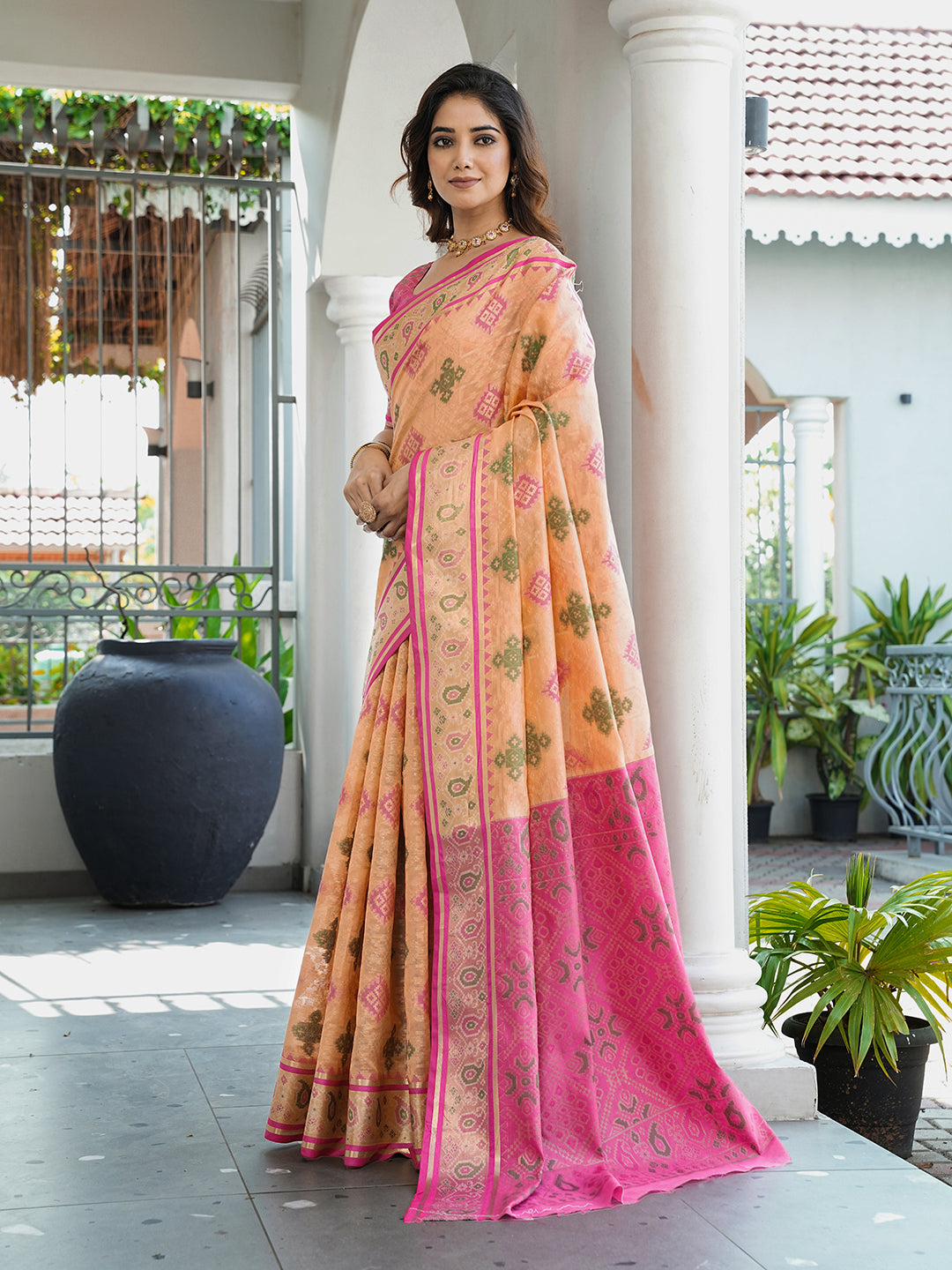 Peach Organza Zari Woven Patola Saree