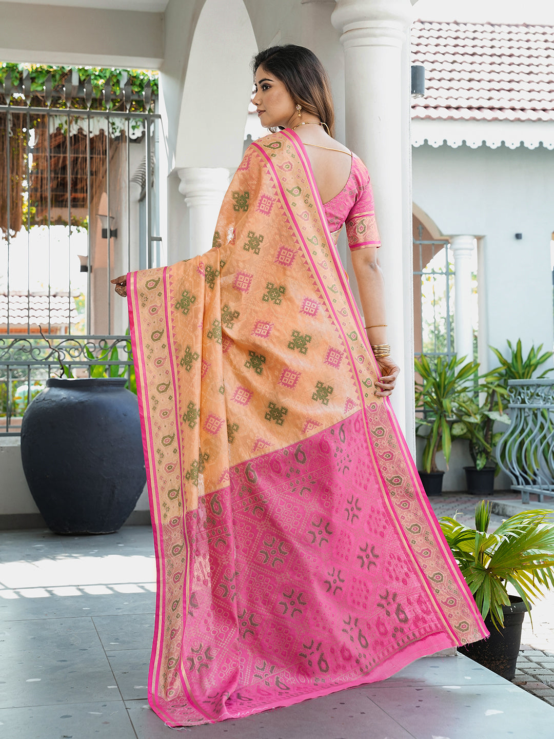 Peach Organza Zari Woven Patola Saree
