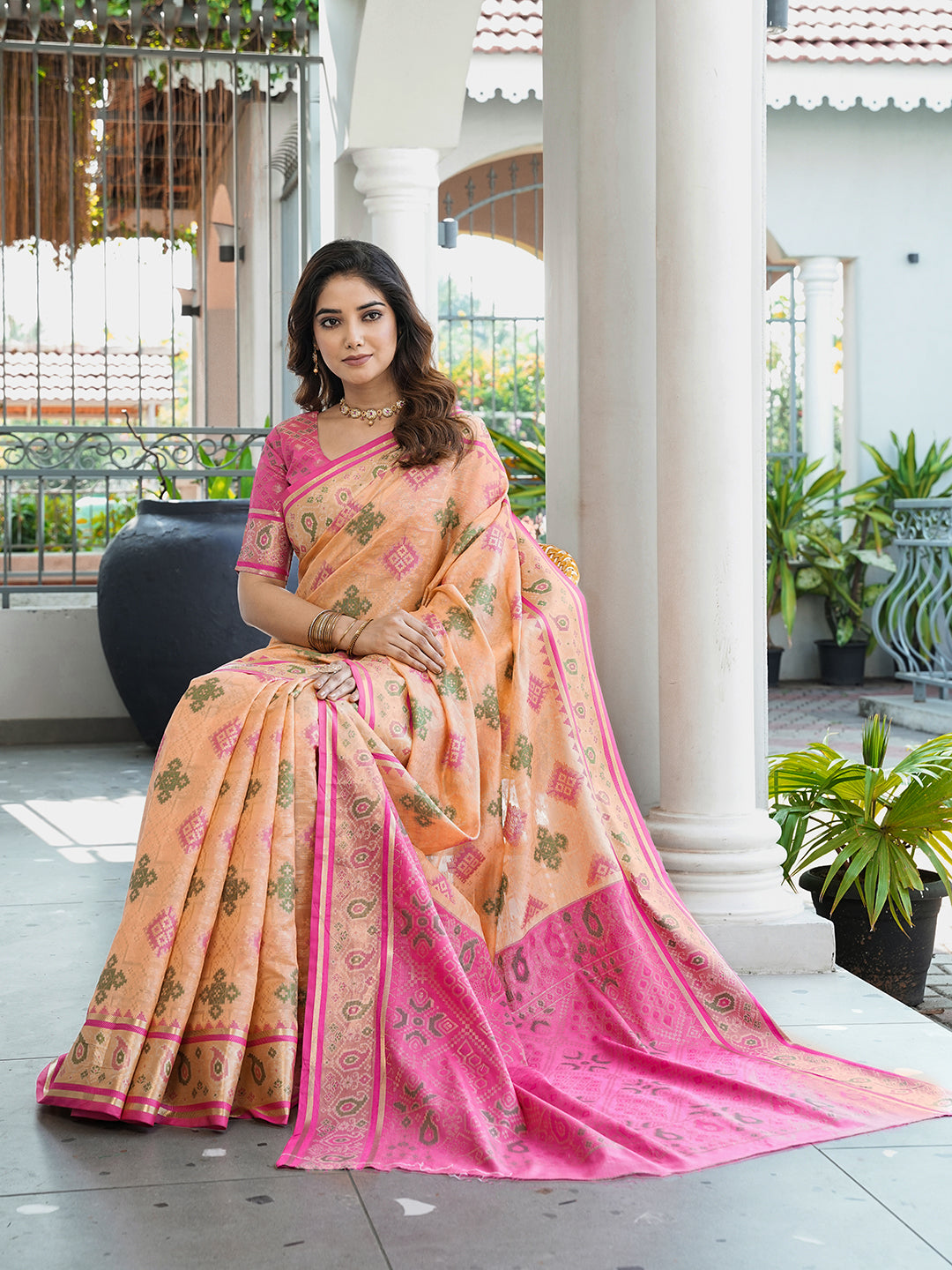 Peach Organza Zari Woven Patola Saree