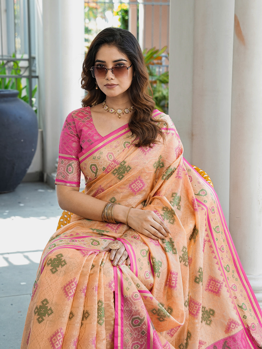 Peach Organza Zari Woven Patola Saree