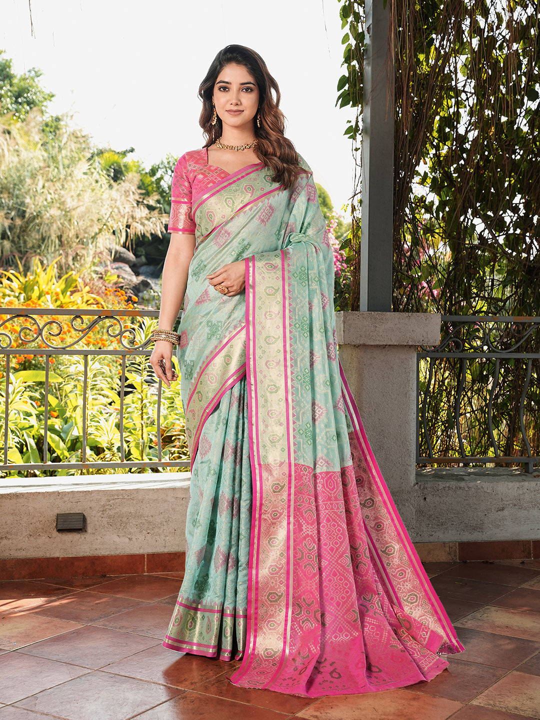 Sky Blue Organza Zari Woven Patola Saree