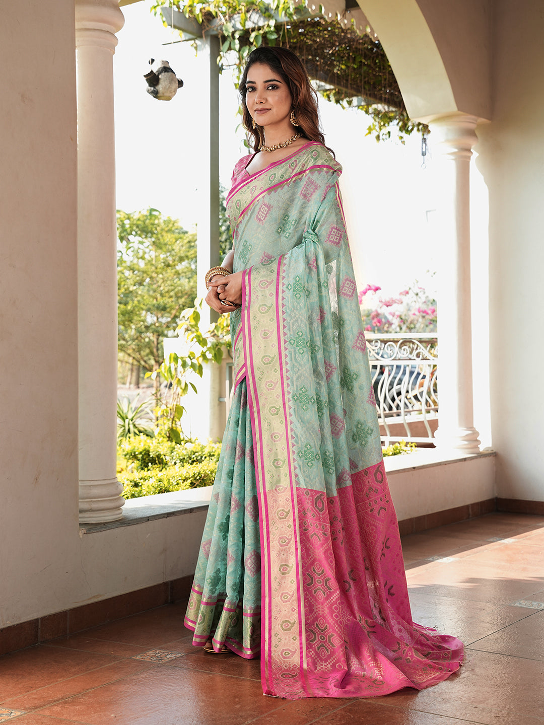 Sky Blue Organza Zari Woven Patola Saree