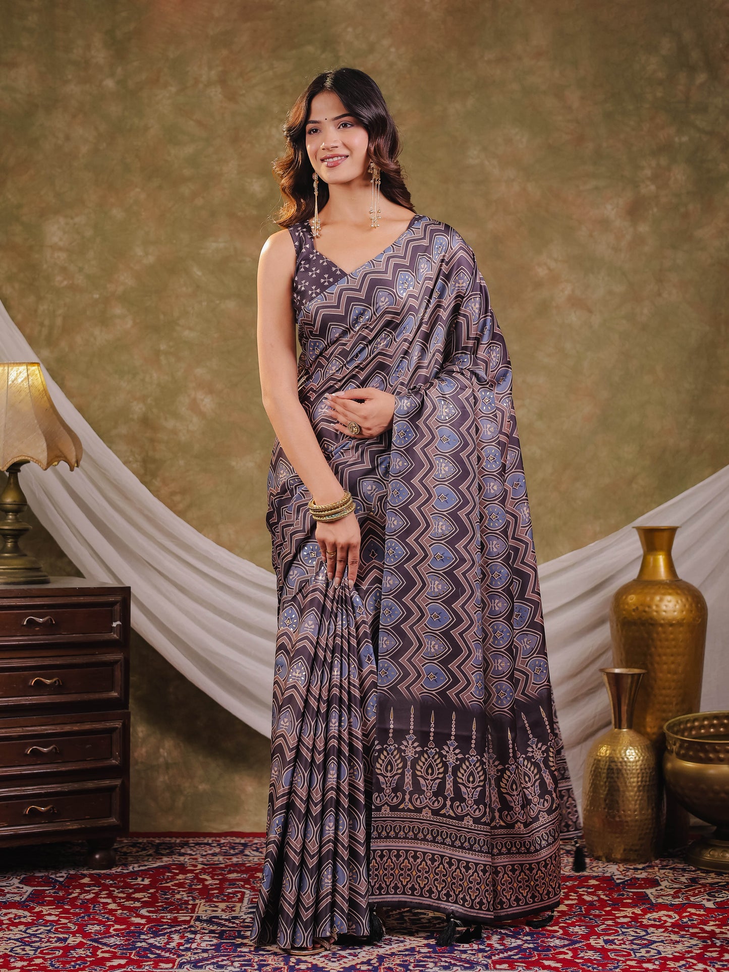 Slate Blue Pure Chinnon Ajrakh Printed Saree with Tassel Edges, Traditional Ethnic Print & Matching Blouse Piece