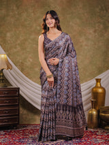 Slate Blue Pure Chinnon Ajrakh Printed Saree with Tassel Edges, Traditional Ethnic Print & Matching Blouse Piece