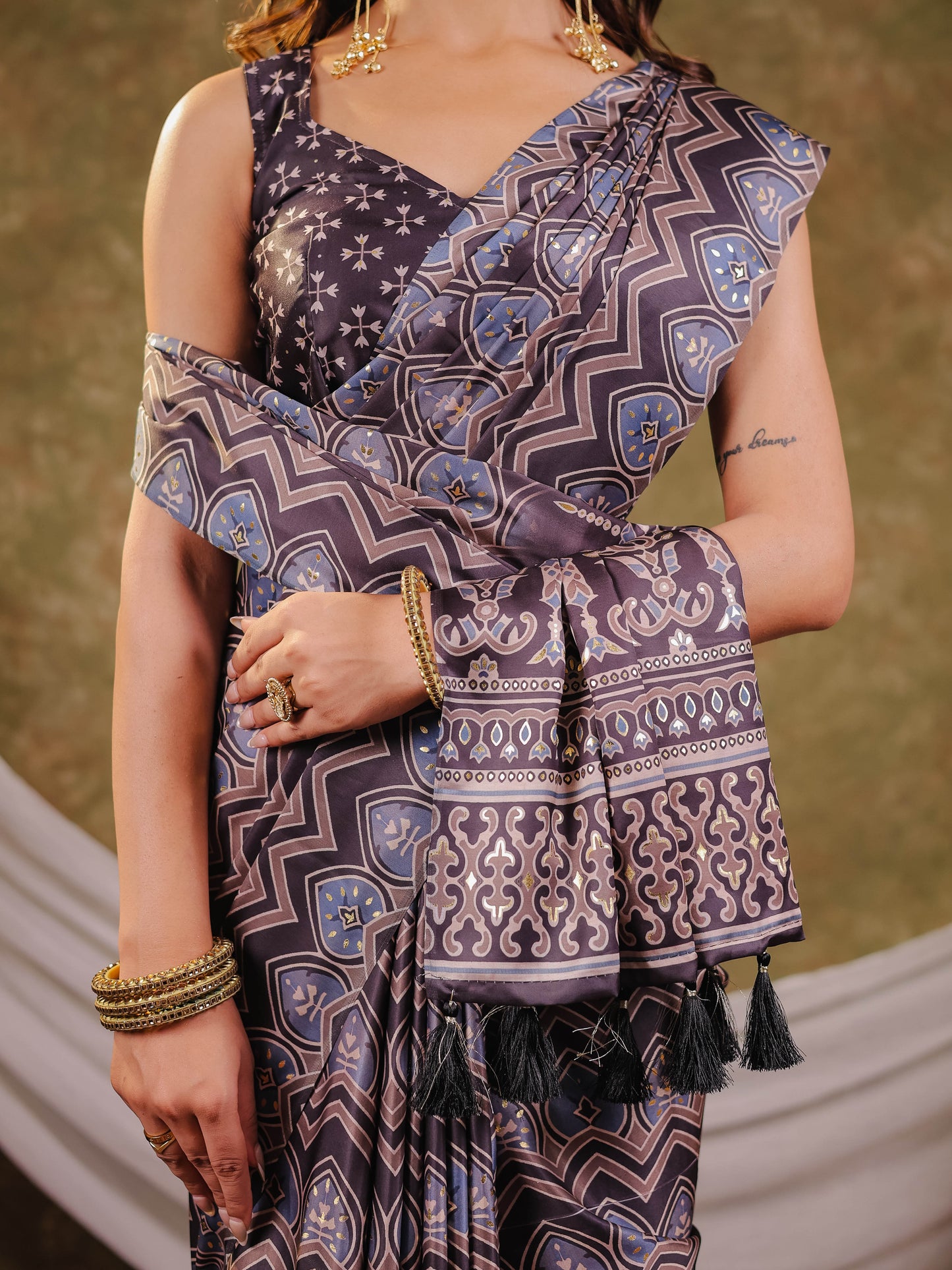 Slate Blue Pure Chinnon Ajrakh Printed Saree with Tassel Edges, Traditional Ethnic Print & Matching Blouse Piece